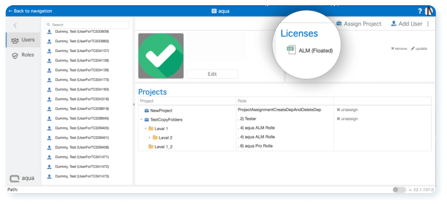 Advanced user permission management in aqua tool