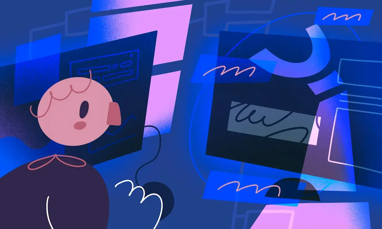 Digital screens with abstract shapes and code snippets, symbolizing the complexities of test automation management and its visual interface.